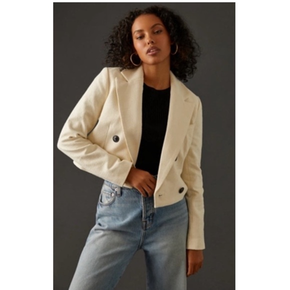 Anthropologie Jackets & Blazers - Anthropologie Maeve Tweed Double Breasted Crop Blazer Jacket Preppy Ivory Large